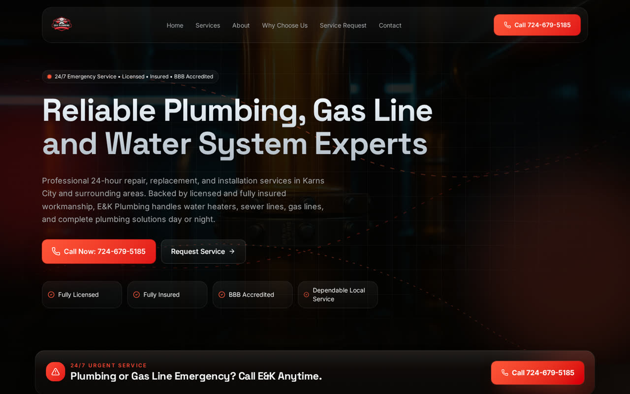 E&K Plumbing website homepage screenshot — Client Website — Live
